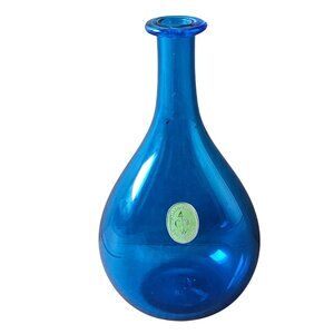 Blenko Williamsburg Restoration Sapphire Blue Glass Vase Wine Bottle With Label